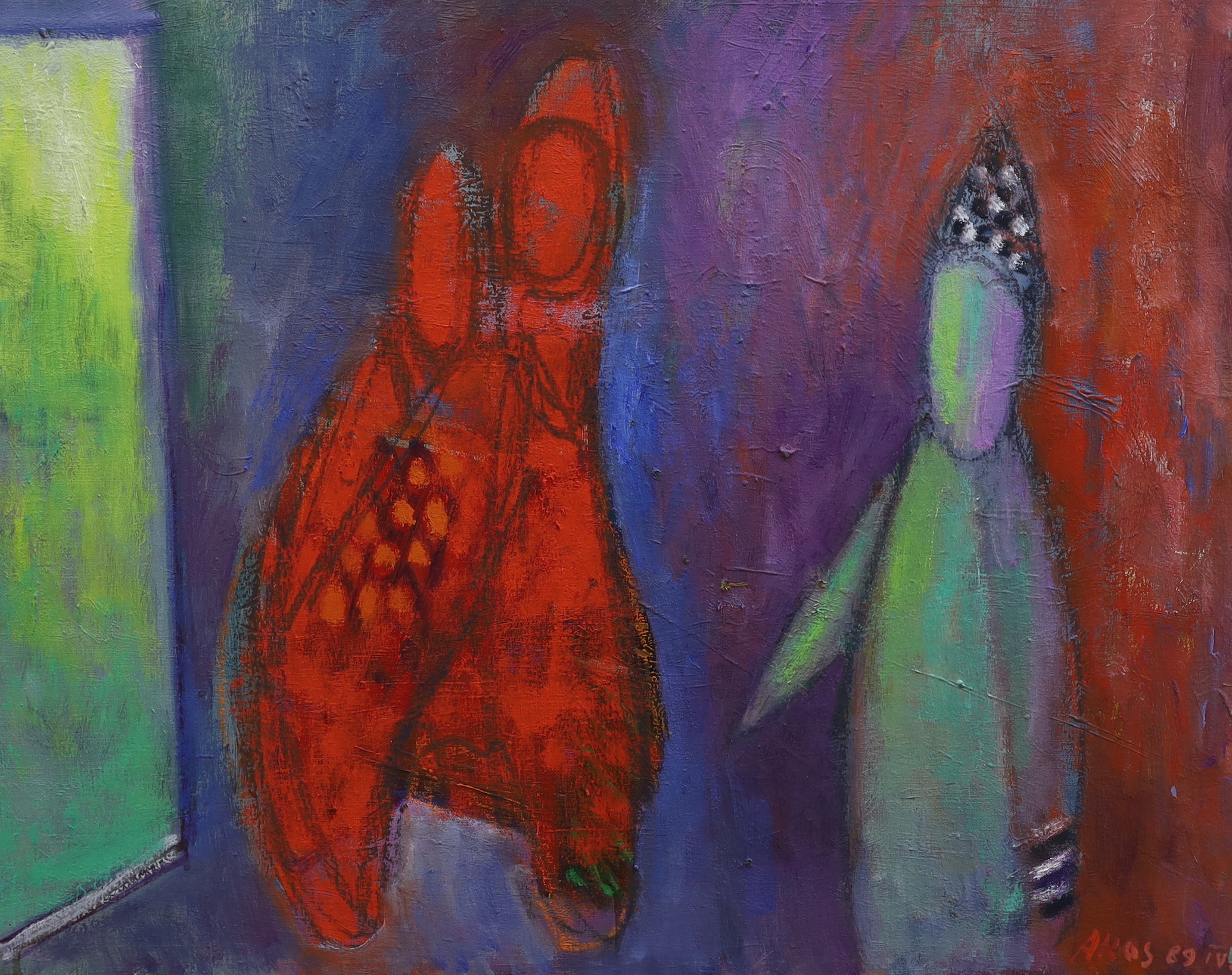 Akos Biro, (Hungarian, 1911-2002), pair of oils on canvas, Abstract figural scenes, each signed, 49 x 65cm